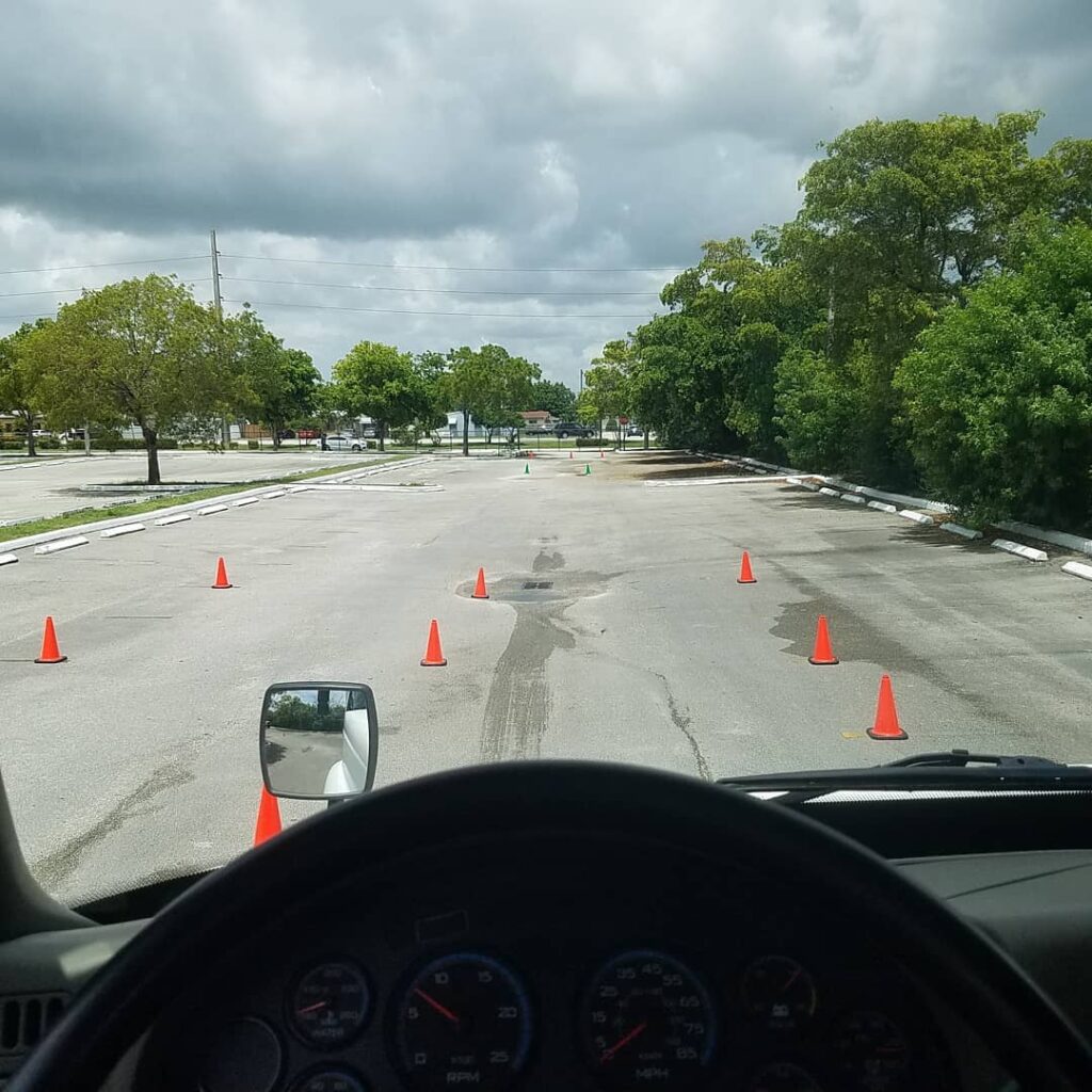 view from semi truck with cones